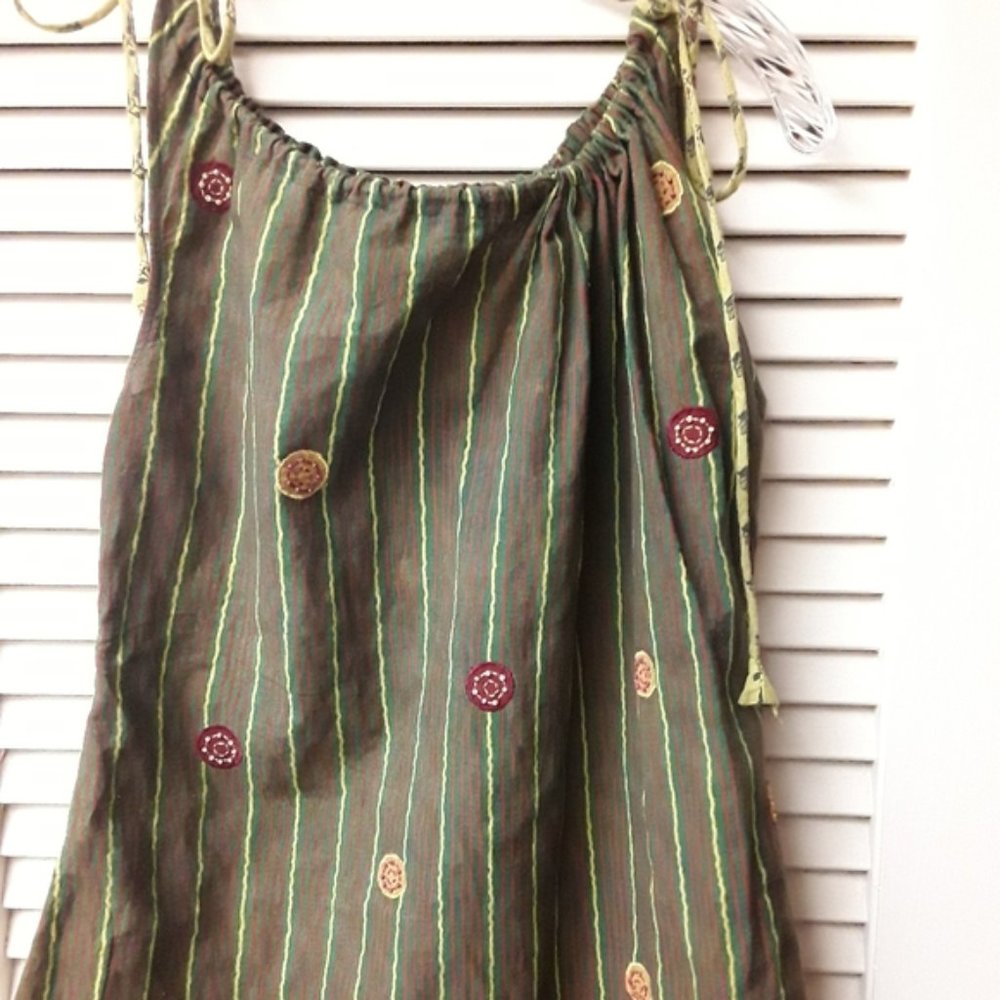 Green Olive Striped Boho Mirror Embellished Indian Tribal Tank Top Indian  Sz M